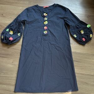 VILAGALLO dress. Navy with sequin embellishments. Puff sleeves. Size S